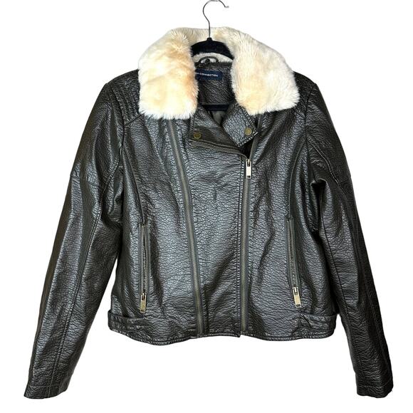 French Connection Faux Leather Fur Collar Moto Jacket Olive Green Large - Picture 1 of 11